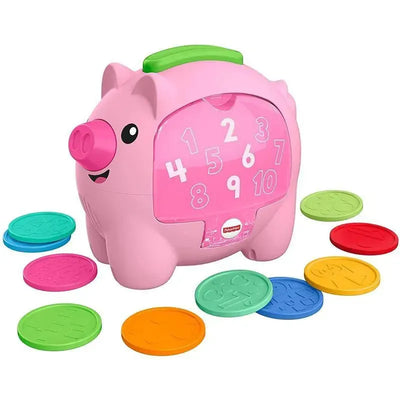 Fisher-Price Laugh & Learn Count & Rumble Piggy Bank in pink with numbers 1-10 displayed, surrounded by colorful counting coins.