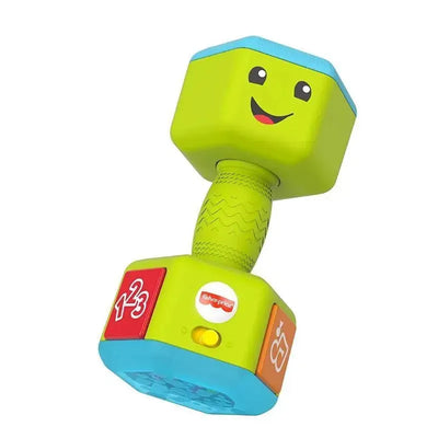 Bright green Fisher Price dumbbell toy with smiling face, textured grip, and colorful number and shape buttons.