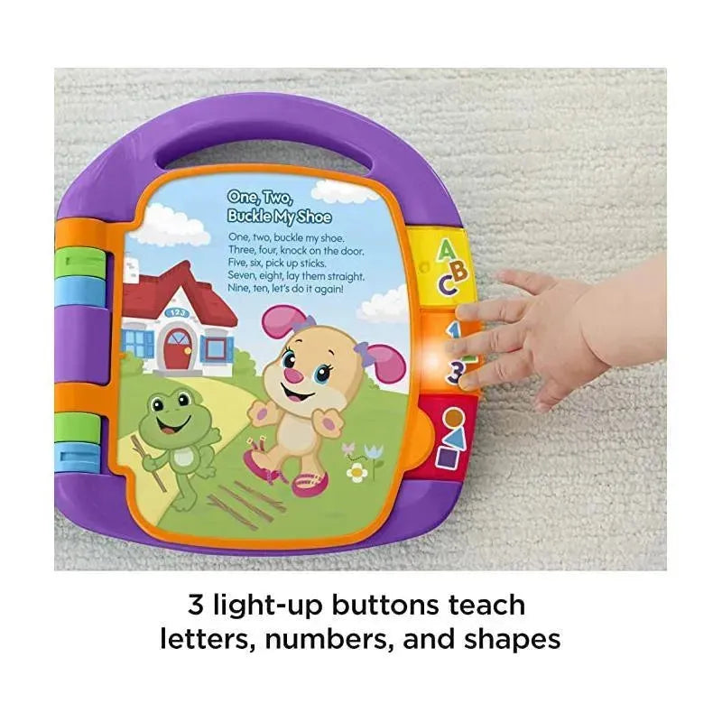 Fisher Price Laugh & Learn Storybook Rhymes features a colorful storybook with light-up buttons teaching letters, numbers, and shapes.