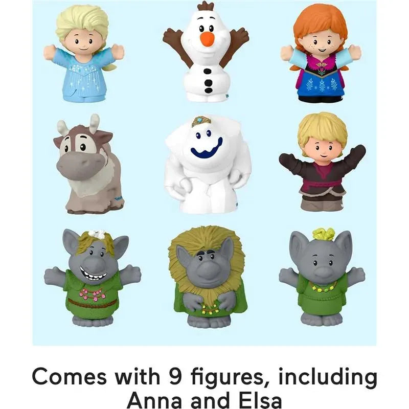Fisher Price Little People Frozen 10th Anniversary Carry Case featuring 9 colorful figures, including Anna, Elsa, Olaf, and Sven.