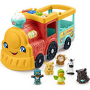 Brightly colored Fisher Price Little People ABC Animal Train with a smiling engine, featuring animal figures and interactive buttons.
