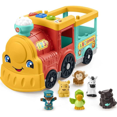 Brightly colored Fisher Price Little People ABC Animal Train with a smiling engine, featuring animal figures and interactive buttons.