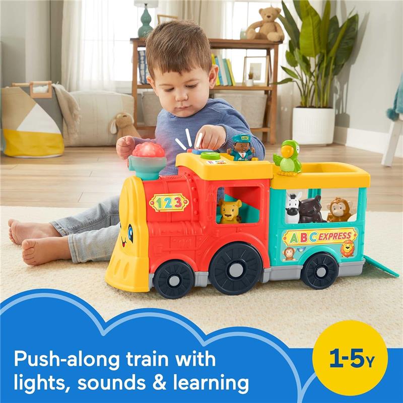 Colorful push-along train toy featuring lights, sounds, and animal figures, designed for toddlers aged 1-5 years.