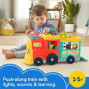 Colorful push-along train toy featuring lights, sounds, and animal figures, designed for toddlers aged 1-5 years.