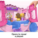 Disney Princess Little People playset features two figures, Belle and Rapunzel, in a pink carriage that opens to reveal a play area.