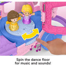 Toddler toy playset featuring Disney princess figures on a spinning dance floor with musical sounds activated by a hand.