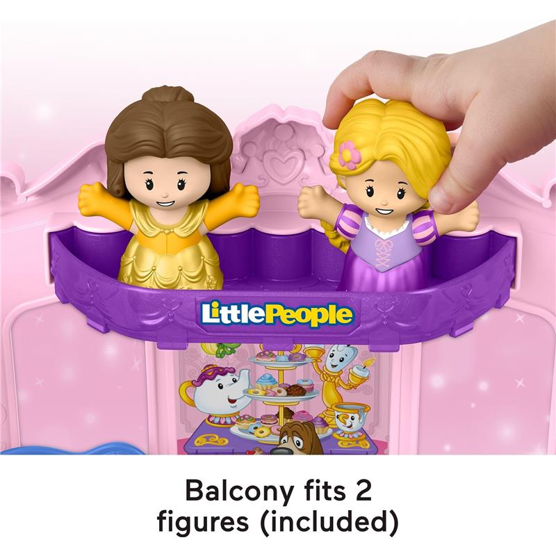 Little People Disney Princess pull-along musical carriage playset with Belle and Rapunzel figures on a balcony.