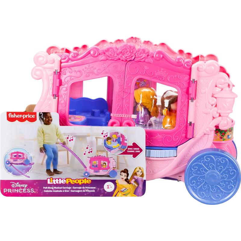 Fisher Price Little People Disney Princess Pull-Along Musical Carriage Playset with two animated dolls inside.