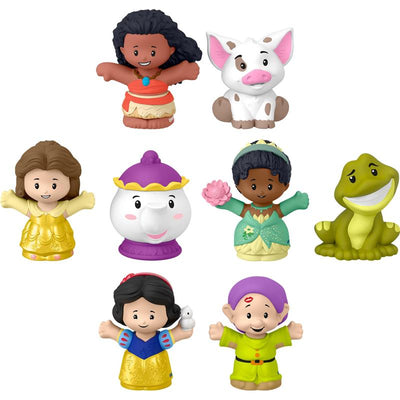 Fisher Price Little People set featuring Disney Princess characters: Moana, Belle, Tiana, Snow White, along with animal figures.