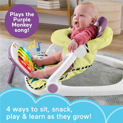 Portable Baby Chair features a joyful baby playing with a piano, promoting music and learning.