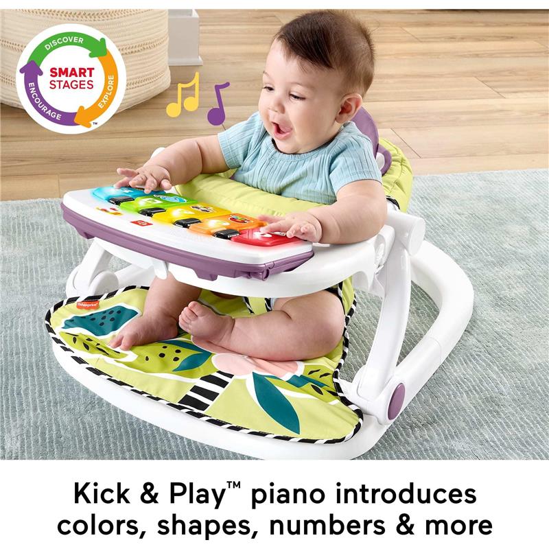 Portable baby chair with piano learning toy; features colorful piano keys and a vibrant floral seat cover.
