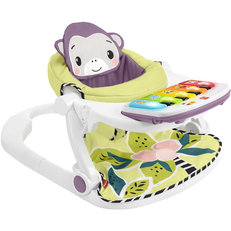 Portable Baby Chair with a monkey-themed seat, piano learning toy, and decorative floral play mat.