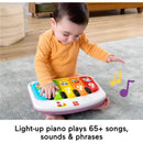 Portable baby chair with a light-up piano and colorful keys, encouraging music play for young children.