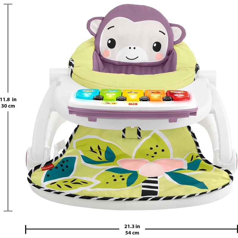Portable baby chair with monkey design, piano learning toy, and floral-patterned tray for interactive play.