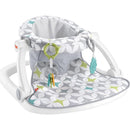 Portable baby chair with a gray geometric pattern, featuring developmental toys and a supportive design for sitting.