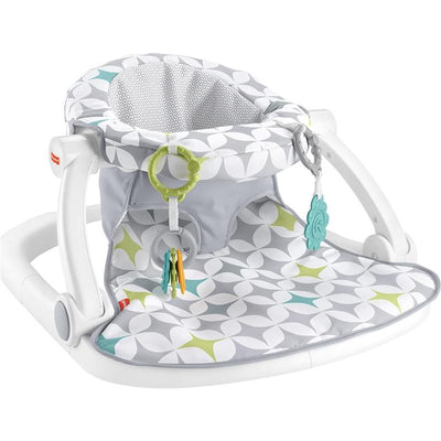 Portable baby chair with a gray geometric pattern, featuring developmental toys and a supportive design for sitting.
