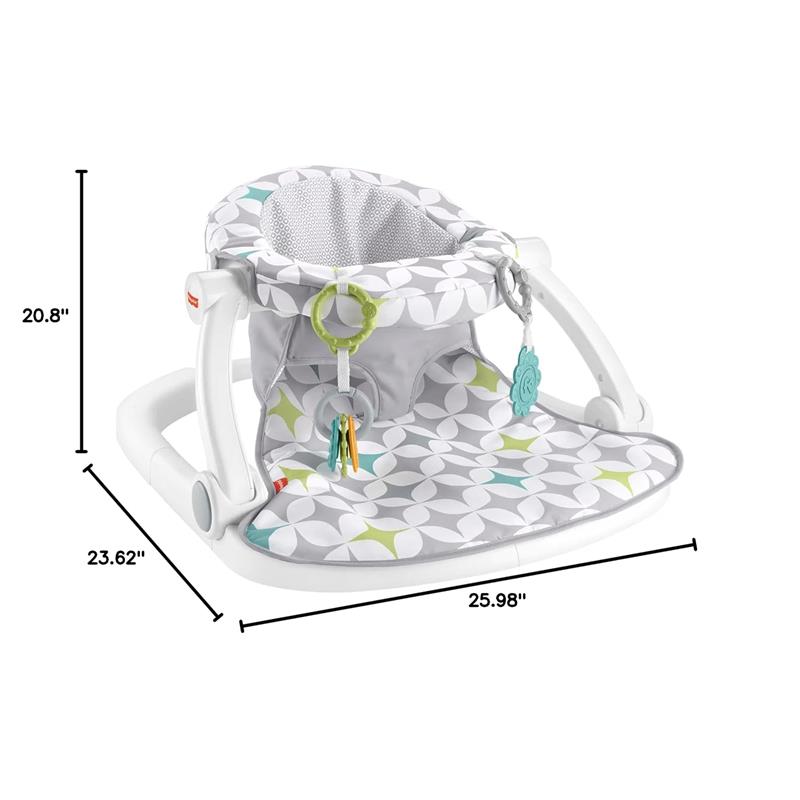 Portable baby chair with a soft padded seat and developmental toys, featuring a geometric pattern in gray, green, and blue.