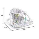 Portable baby chair with a soft padded seat and developmental toys, featuring a geometric pattern in gray, green, and blue.