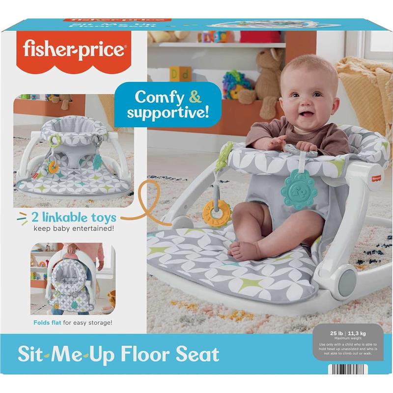 Fisher-Price Portable Baby Chair Sit-Me-Up Floor Seat featuring a smiling baby, gray and white patterned fabric, and two linkable toys.