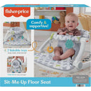 Fisher-Price Portable Baby Chair Sit-Me-Up Floor Seat featuring a smiling baby, gray and white patterned fabric, and two linkable toys.
