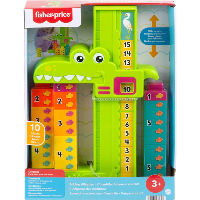 Fisher Price Adding Alligator toy with a green alligator design, featuring 10 colorful stacking blocks for counting activities.