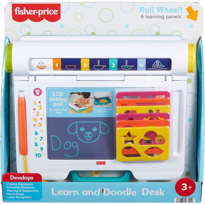 Fisher Price Learn & Doodle Desk with LCD writing pad, colorful learning panels, and a stylus for mess-free writing.