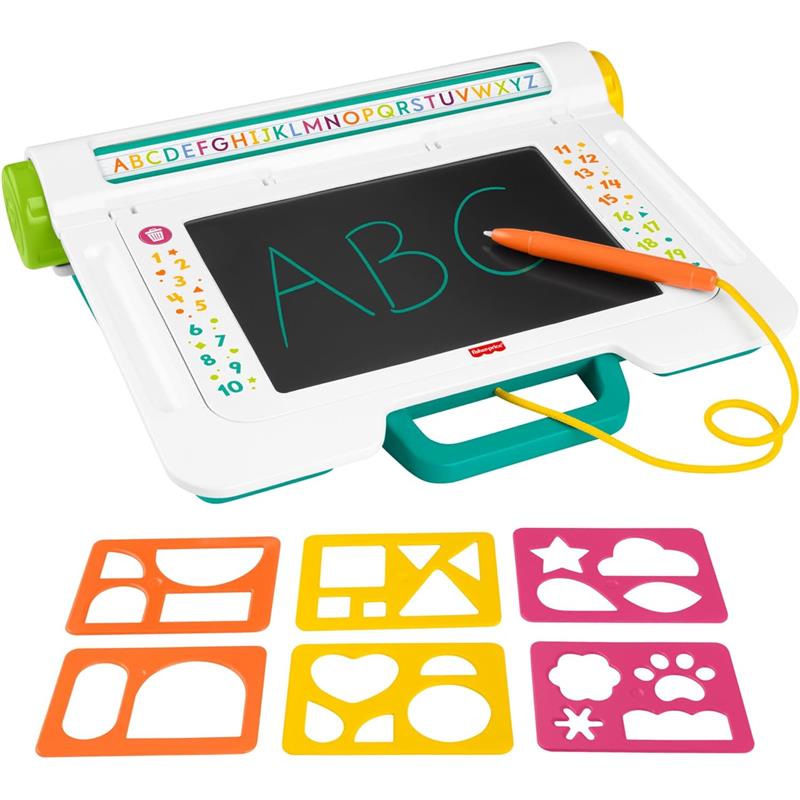 Fisher Price Learn & Doodle Desk featuring a black drawing surface, orange stylus, and colorful shape templates for mess-free creativity.