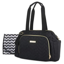 Quilted black diaper bag tote with adjustable crossbody strap and gold accents, accompanied by a matching changing pad.