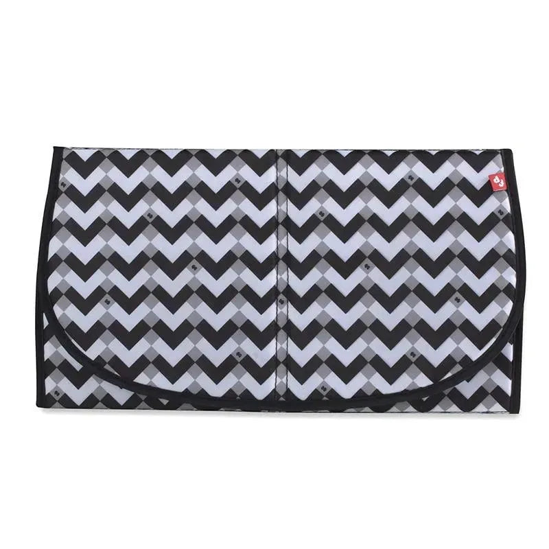 Quilted diaper bag tote featuring a black and gray chevron pattern, designed for versatile carrying options.