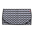 Quilted diaper bag tote featuring a black and gray chevron pattern, designed for versatile carrying options.