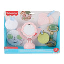 Self-Care Sensory Set by Fisher Price featuring a pink mirror, plush items, and textured toys for development. Suitable for ages 3 months and up.