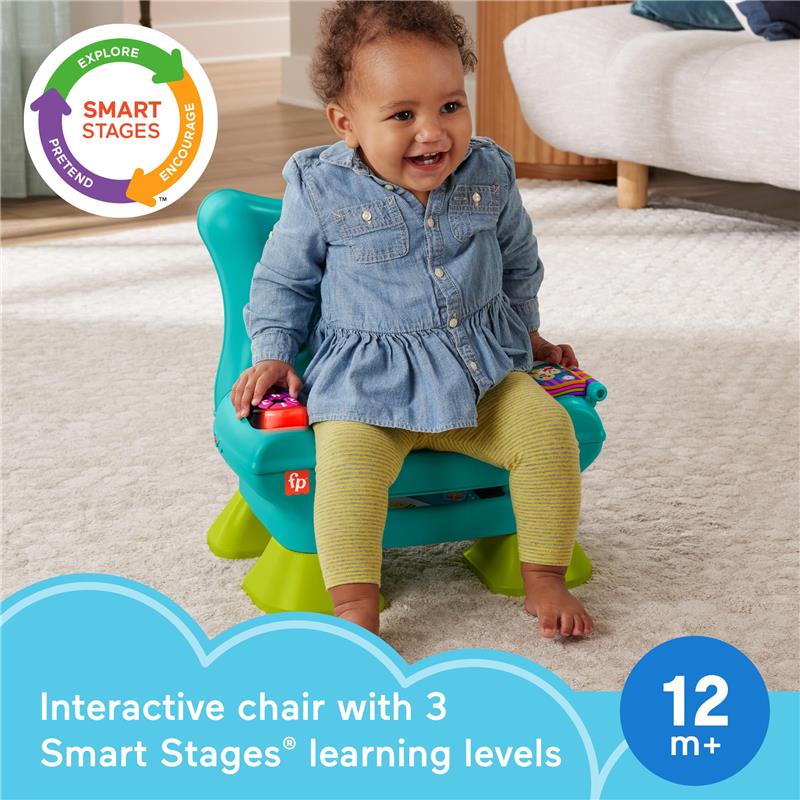Interactive Fisher Price toddler chair, featuring buttons for music and lights, suitable for children 12 months and up.
