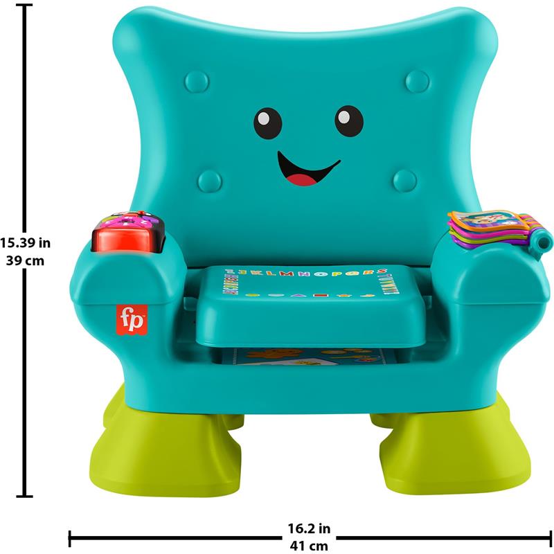 Toddler learning chair in teal with a smiling face, buttons, musical features, and colorful activity cards.