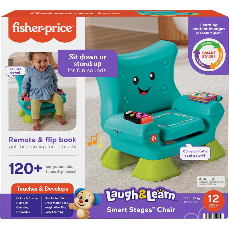 Fisher Price Laugh & Learn Smart Stages Chair, featuring a smiling design, remote, flip book, and engaging activities for toddlers.