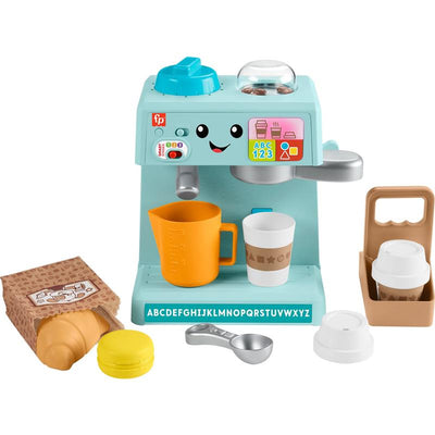 Fisher Price Laugh & Learn Coffee Café features an aqua coffee machine, measuring cups, and play food items.