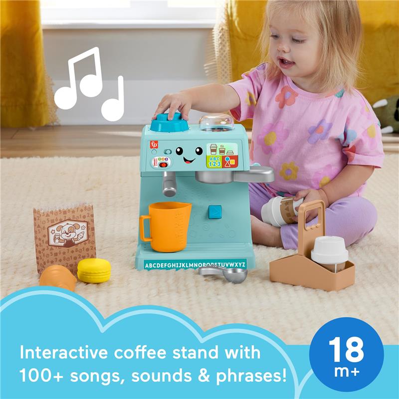 Interactive Fisher Price coffee café toy with a child using it, featuring colorful cups and 100+ songs and sounds.