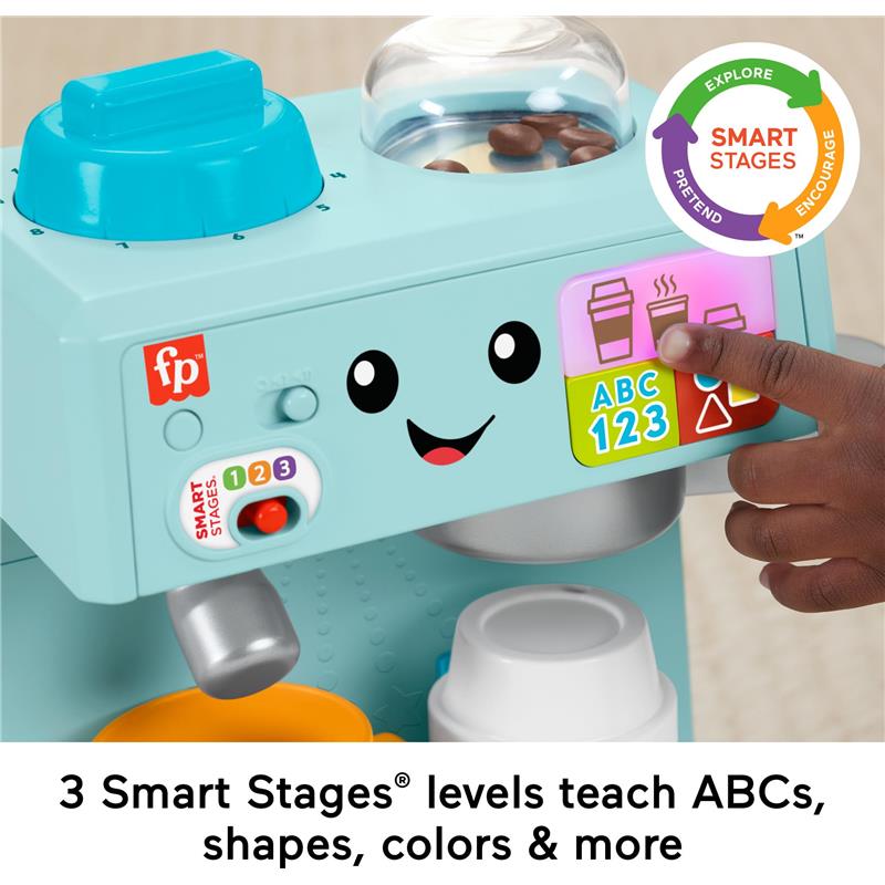 Fisher Price Laugh & Learn Coffee Café playset featuring a smiling character, colorful buttons, and coffee beans.