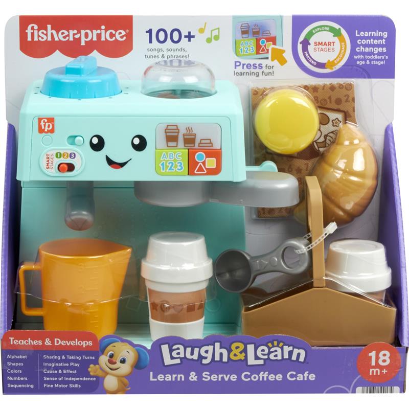 Fisher Price Laugh & Learn Coffee Café playset with coffee cups, measuring spoons, and educational buttons.