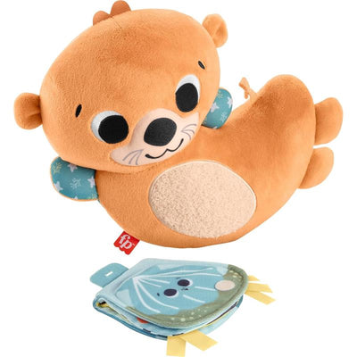 Plush otter toy with soft fabric, designed for tummy time, includes a small sensory book.