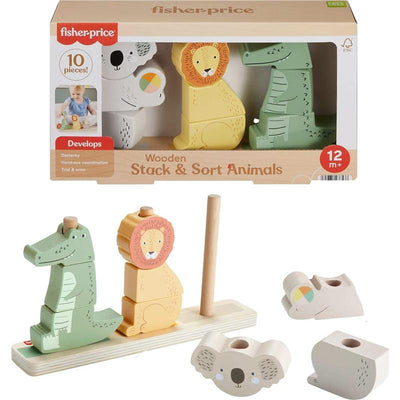 Wooden stackable animal toy set by Fisher-Price, featuring a lion, crocodile, and koala for developing dexterity and coordination.