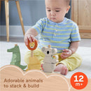 Baby playing with Fisher Price wooden animal stacking toy featuring a crocodile, lion, and koala. Suitable for ages 12 months and older.