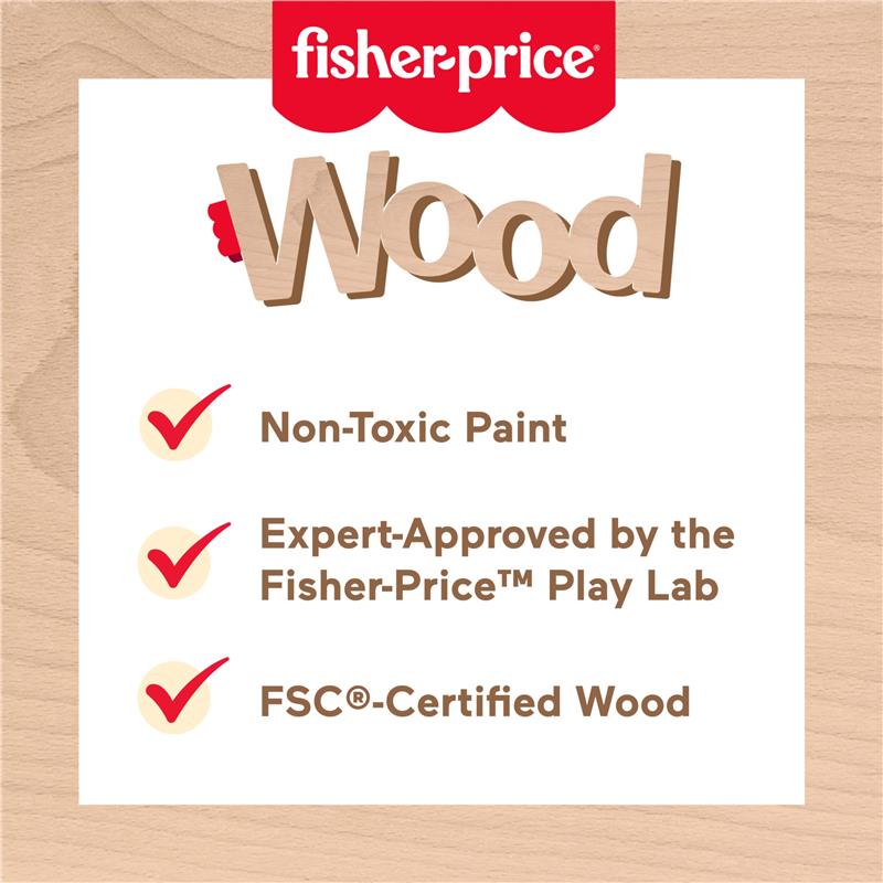 Fisher Price Wood branding with details about non-toxic paint, Fisher-Price expert approval, and FSC-certified wood.