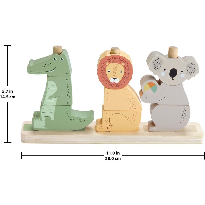 Colorful wooden stacking toy featuring a crocodile, lion, and koala, designed for sorting and stacking activities.
