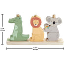 Colorful wooden stacking toy featuring a crocodile, lion, and koala, designed for sorting and stacking activities.