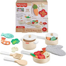 Fisher Price wooden kitchen pots and pans set with 19 colorful food pieces and cooking utensils for imaginative play.
