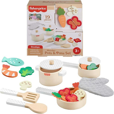 Fisher Price wooden kitchen pots and pans set with 19 colorful food pieces and cooking utensils for imaginative play.