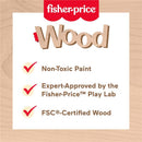 Fisher Price Wood Kitchen Pretend Play Toy Pots & Pans Set information: features non-toxic paint, expert approval, FSC-certified wood.