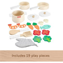 Wooden cookware set including two pots, wooden utensils, and various colorful food pieces, totaling 19 play items.