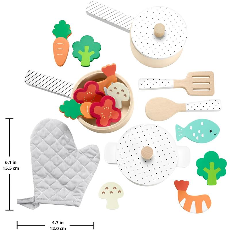 Wooden cooking set featuring colorful pots, pans, utensils, and toy food items like vegetables and fish, plus a quilted oven mitt.