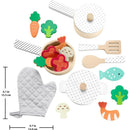 Wooden cooking set featuring colorful pots, pans, utensils, and toy food items like vegetables and fish, plus a quilted oven mitt.
